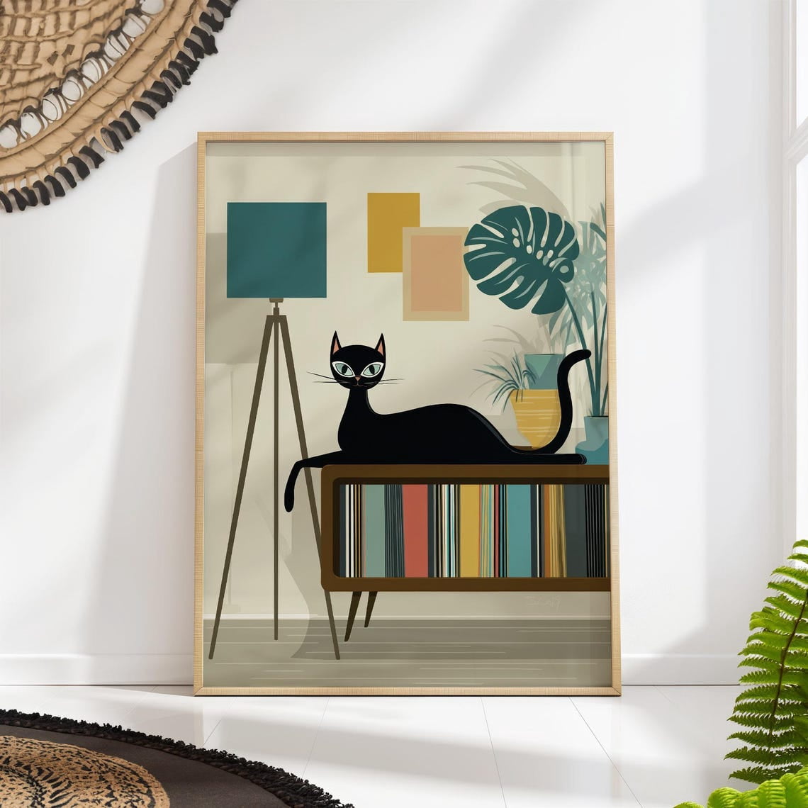 Mid Century Modern Black Cat Retro Scandinavian Wall Art, Unframed ...