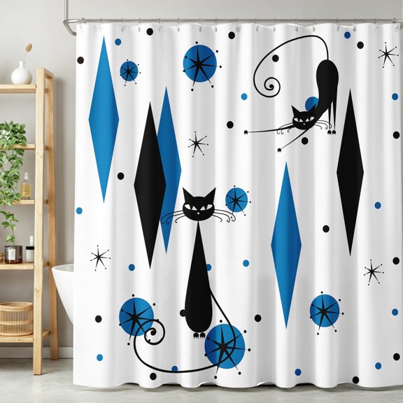 Mid Century Modern Black Cat Shower Curtain Atomic Retro Blue Diamond Fabric Bathroom Decor with Hooks 71x71 inches