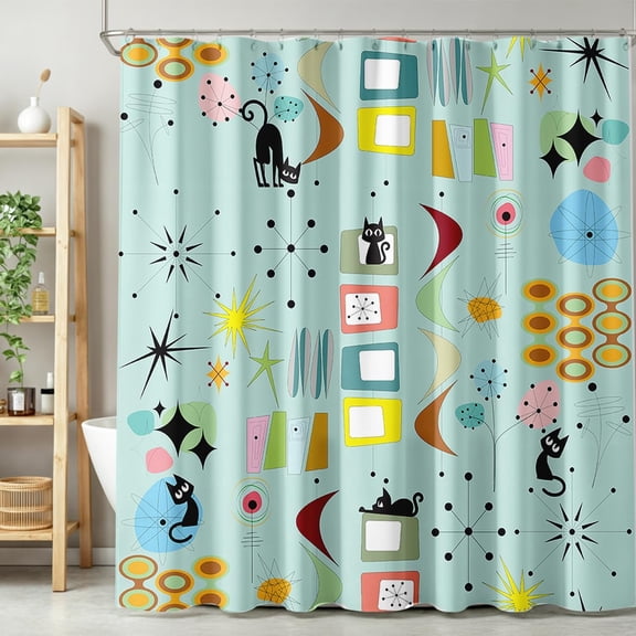 Mid Century Modern Black Cat Shower Curtain Retro Atomic Stars Boho Teal Fabric Bathroom Curtains with Hooks 71x71 inches