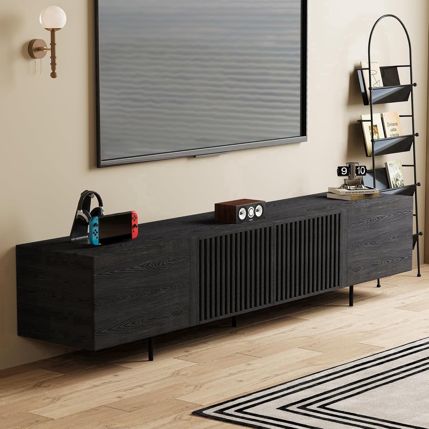Mid Century Modern Black TV Stand for 80 Inch and Larger TVs, 94.48" Media Console with Solid Wood Slatted Doors, Metal Base, Stylish Entertainment Center for Living Room or Bedroom