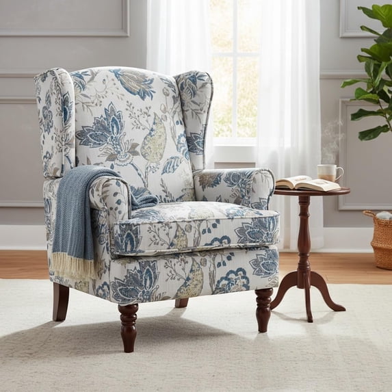 Mid-Century Modern Blue Floral Wingback Accent Chair with Linen Fabric and Retro Wooden Legs, Comfy Reading Chair