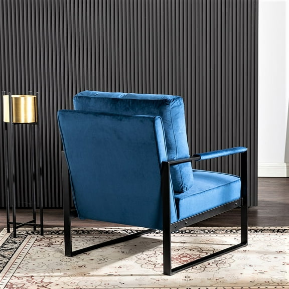 Mid-Century Modern Blue Velvet Accent Chair | Durable Square Metal Frame Armchair for Living Room, Bedroom, Home Office | Elegant, Comfortable, Easy Assembly