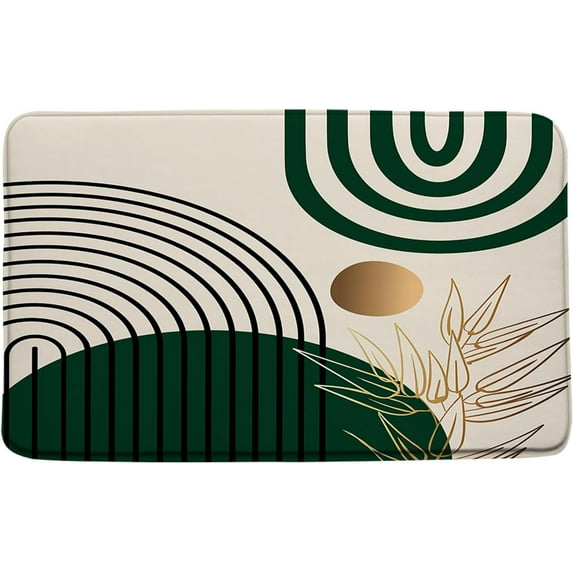Mid Century Modern Boho Bath Mat Abstract Chic Gold Green Leaves Arch Sun Geometric Minimalist Aesthetic Bathroom Kitchen Rugs,19.7x31.5 Inch