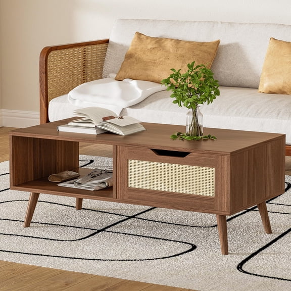 Mid Century Modern Boho Coffee Table, 39" Wooden Rattan Table with Storage Drawer and Shelf, Living Room Center Table, Brown