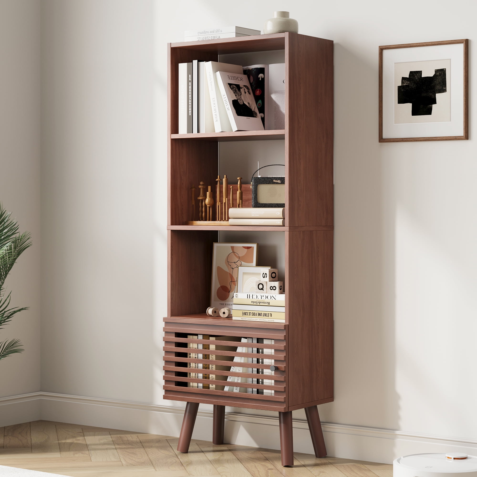 Mid-Century Modern Bookshelf with Slatted Door, 55" H Small Narrow Corner Bookcase, 4 Cube Bookcase with Open Shelf, Display Storage Cabinet for Living Room, Home Office, Walnut