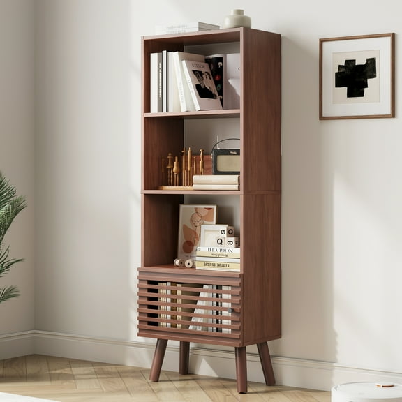 Mid-Century Modern Bookshelf with Slatted Door, 55" H Small Narrow Corner Bookcase, 4 Cube Bookcase with Open Shelf, Display Storage Cabinet for Living Room, Home Office, Walnut
