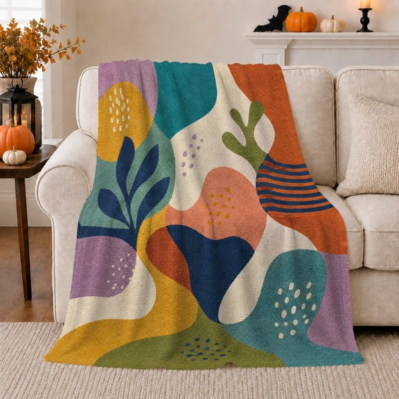 Mid-Century Modern Botanical Leaves Teal Mustard autumn celebration, Playful Artistic Scene, Warm Flannel Blanket for Sunroom and Reading Nook, Garden Lovers Thanksgiving Gift, Artistic Home Decor