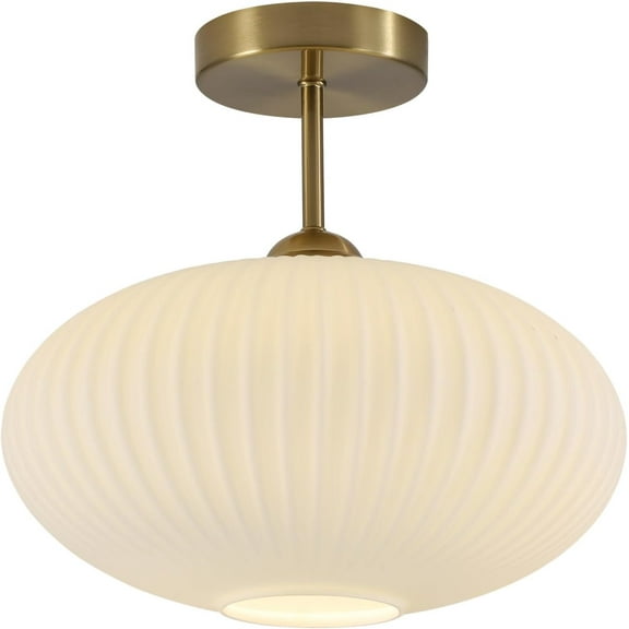 Mid Century Modern Brass Semi Flush Mount Ceiling Light Large Ribbed Milk Glass Globe Flush Mount Light Gold and White Ceiling Lamp Hallway Lighting Fixtures