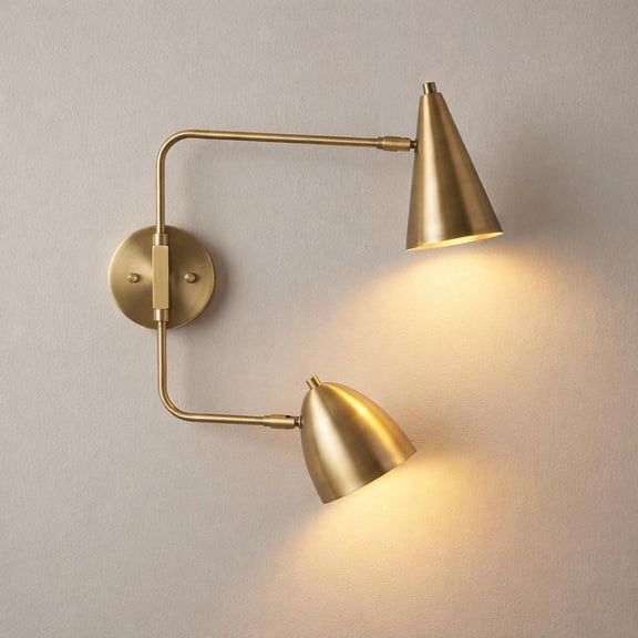 Mid Century Modern Brass Swing Arm Wall Sconce - Adjustable Double Arm Lamp, Bedside Reading Light, Bathroom Vanity Sconce