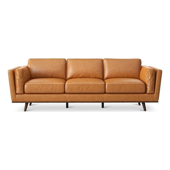 Pemberley Row Genuine Leather Tan Sofa Rectangular High Density Foam Cushions 89" Unassembled