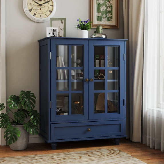 Mid-Century Modern Buffet Cabinet with Double Glass Doors & Drawer, Versatile Storage Sideboard for Dining Room, Living Room, Hallway Entryway, Blue, 28"L x 15"W x 36"H