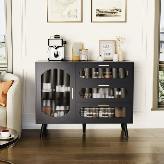 Mid-Century Modern Buffet Cabinet with Fluted Glass Doors, 60 Inch Storage Sideboard with Drawers for Kitchen Dining Room, Black Entryway Console Table