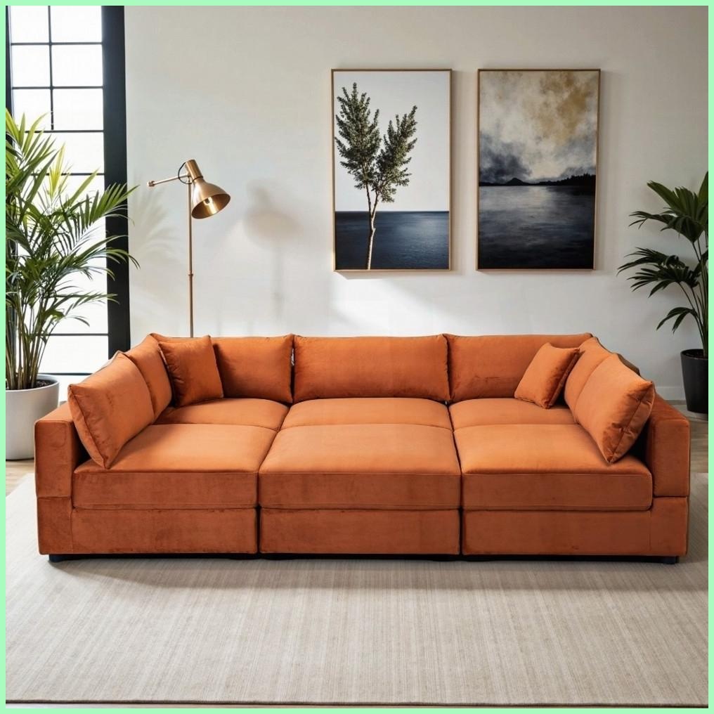 Fresh Look at Mid Century Modern Burnt Orange Velvet 6 Seat Modular Living