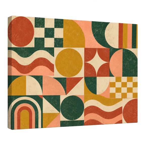 Mid Century Modern Canvas Wall Art, Retro Geometric Shapes with Checkerboard and Wavy Lines, Green Terracotta Mustard Abstract Decor for Living Room Bedroom Office, 10x8 Inch