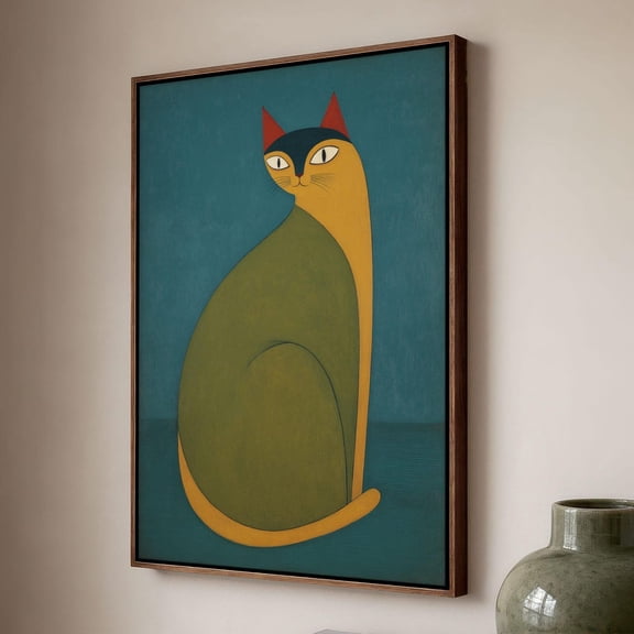 Mid-Century Modern Cat Art Art In Teal And Mustard, Unframed Paper Print