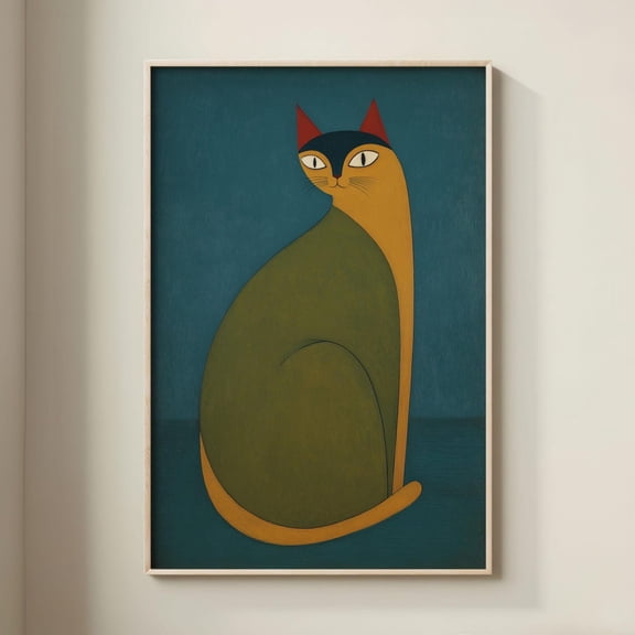 Mid-Century Modern Cat Art In Teal And Mustard, Unframed Paper Print