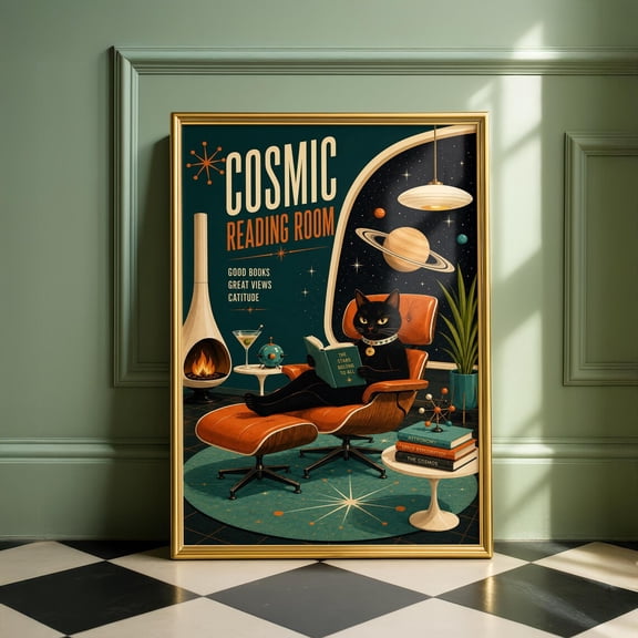 Mid Century Modern Cat Cosmic Reading Retro Futuristic Poster Unframed Paper Print