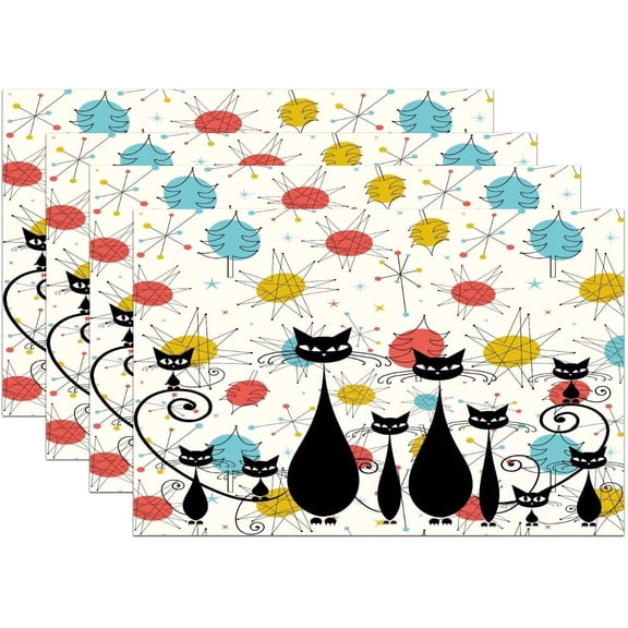 Mid Century Modern Cat Placemats Atomic Cat Diamonds Iconic Sputnik Black Retro Abstract Geometric Resistant Washable Place Mats for Dining Kitchen Farmhouse Decor,4 PCS