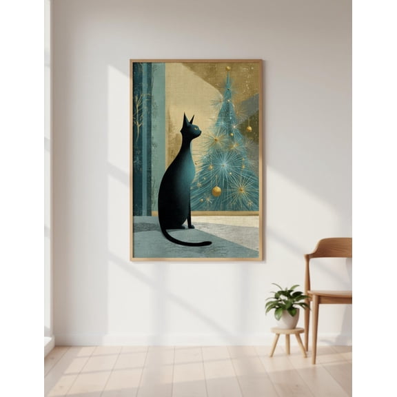 Mid-Century Modern Cat Retrowall Art Vintage Atomic Tree 2-3 3-4 4:5 A2 11-14 Ratios Unframed Paper Print