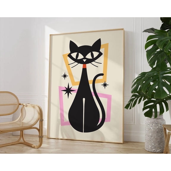Mid Century Modern Cat Wall Art, Retro Black Cat Art Print, Room Decor, Colorful Atomic Cat Wall Decor, Vintage 'S Poster Home Decor UNFRAMED Poster, Wall Art for Decor, Present, 24x36