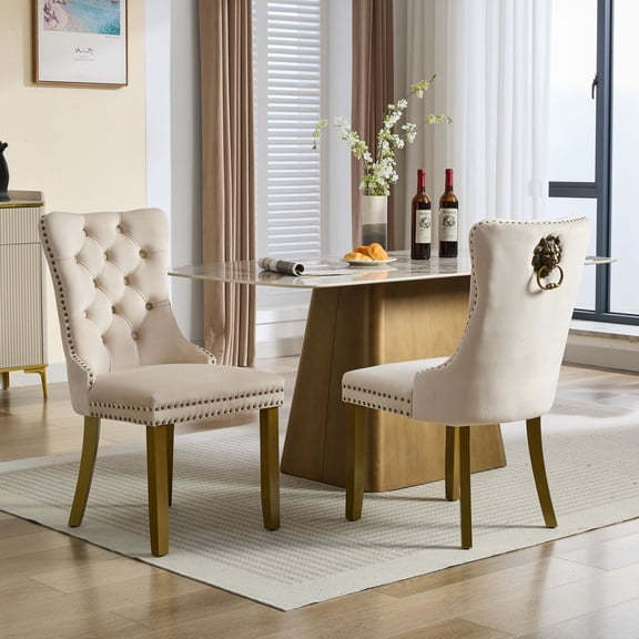 Mid-Century Modern Chairs with Lion Head Pull Ring, High-End Tufted Solid Wood Contemporary Velvet Upholstered Dining Chair with Golden Wooden Legs Nailhead Trim 2-Pcs Set, Beige