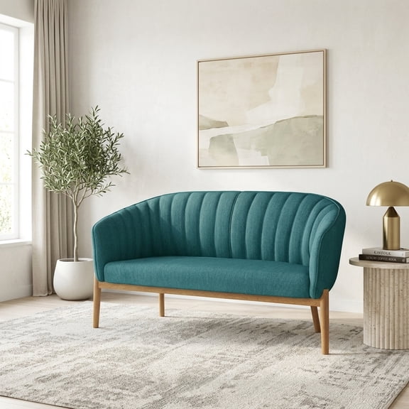 Mid-Century Modern Channel-Stitched Loveseat in Teal Fabric