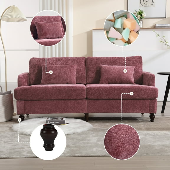 Mid-Century Modern Chenille Loveseat Sofa, 2-Seat Upholstered Couch in Wine Red, Plush & Breathable Fabric, Deep Seats, Brown Wood Legs, Perfect for Living Room, Bedroom, Small Spaces, 68.9" W
