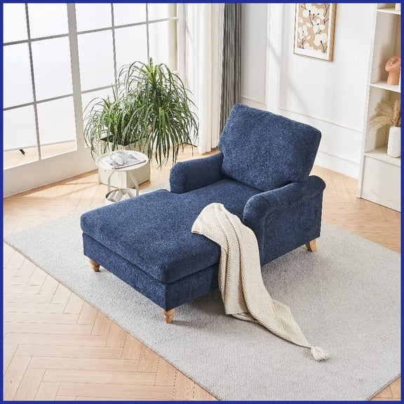 Mid-Century Modern Chenille Oversized Chaise Lounger for Living Room & Bedroom with Solid Wood Legs & Removable Cushions
