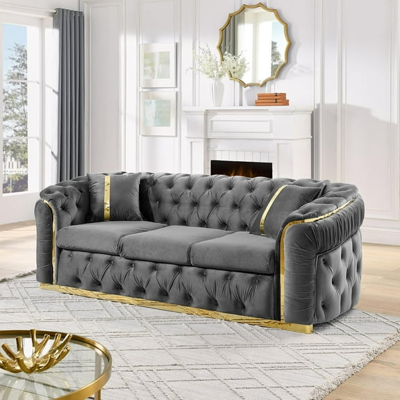 Mid Century Modern Chesterfield Sofa Couch, 90.6" Velvet Couch Grey and Gold Sofa Luxury Loveseat for Living Room, Tufted Sofas with 2 Pillows & Classic Golden Decor, Grey