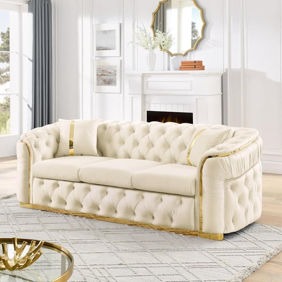 Mid Century Modern Chesterfield Sofa Couch, 90.6" Velvet Couch White and Gold Sofa Luxury Loveseat for Living Room, Tufted Sofas with 2 Pillows & Classic Golden Decor, Cream White