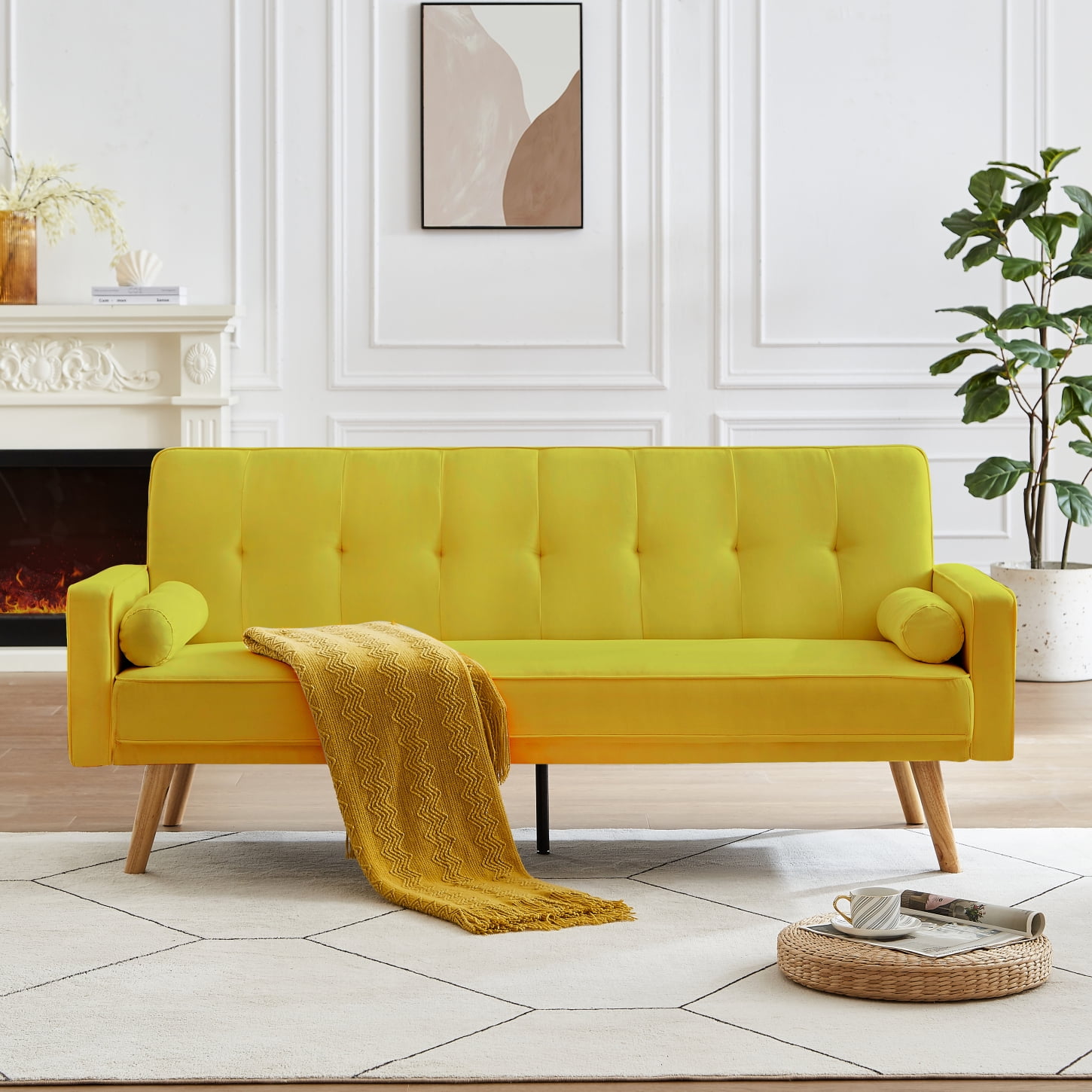 MidCentury Modern Chesterfield Sofa in Vibrant Yellow Linen Fabric Love Seats with Button