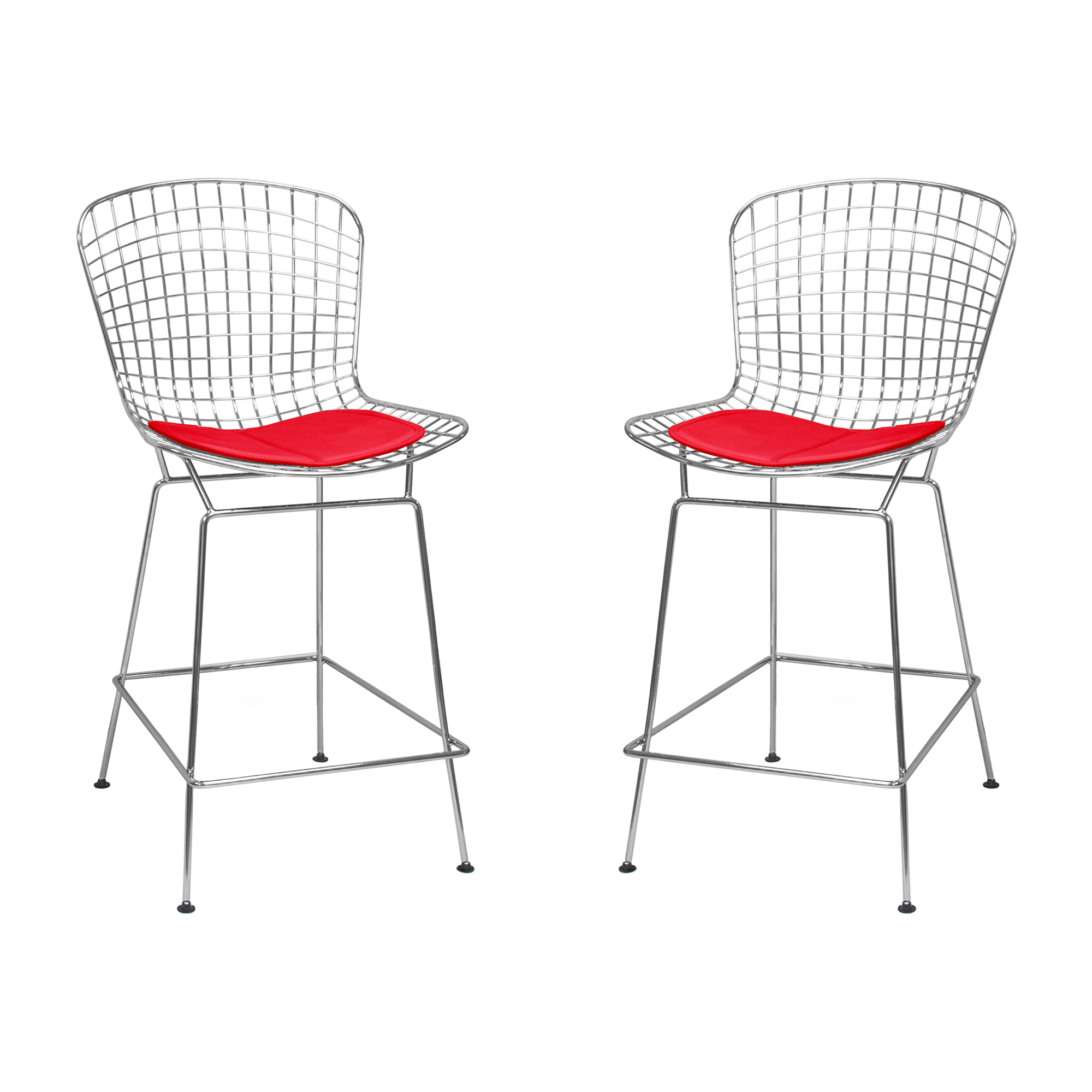 Mid Century Modern Chrome Wire Counter Stool (Red)Set of 2