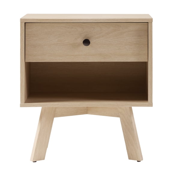Mid-Century Modern Coastal Oak 1-Drawer Nightstand | Minimalist MDF Side Table with Open Storage Cubby | Compact Bedroom Furniture 18.88" W x 11.88" D x 21.88" H