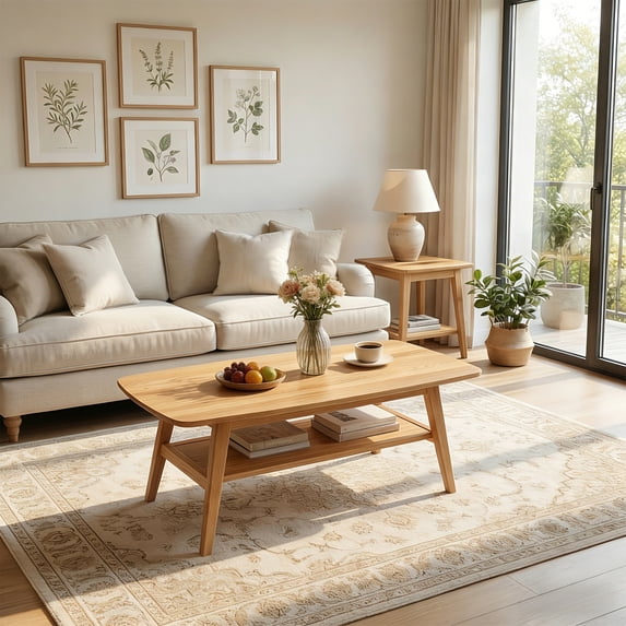 Mid Century Modern Coffee Table, 100% Solid Oak Wood Coffee Table with Storage Shelf, 2-Tier Coffee Table with Rounded Corners for Living Room, Office, Apartment(Natural Oak Wood Color, 39.37" L) No.