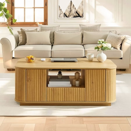 Mid Century Modern Coffee Table, 46.5" Storage Center Table with Door and Drawer, Wave Pattern Design for Living Room, Office or Apartment, Natural