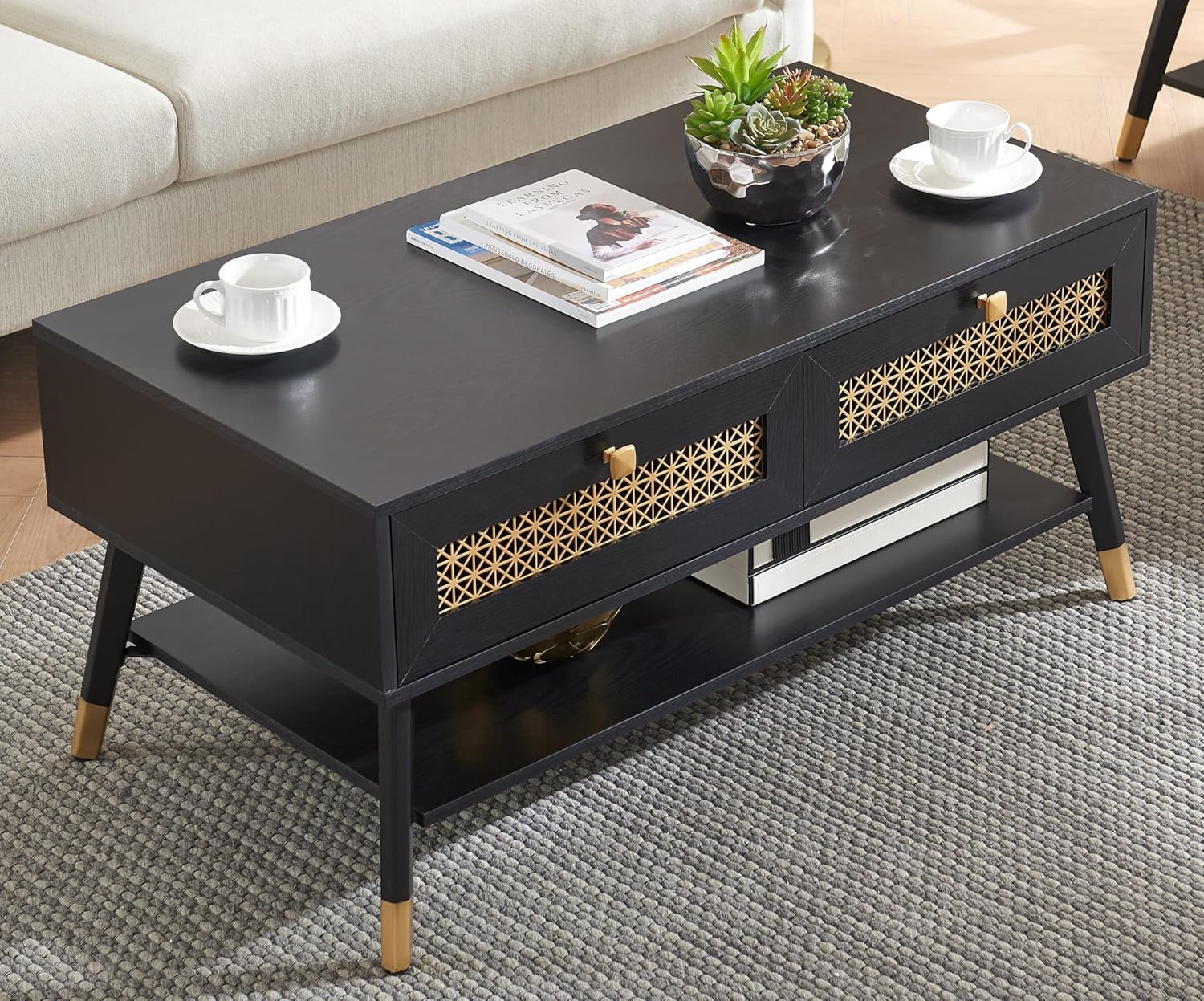 Mid Century Modern Coffee Table - Black Wood with Storage Drawers ...