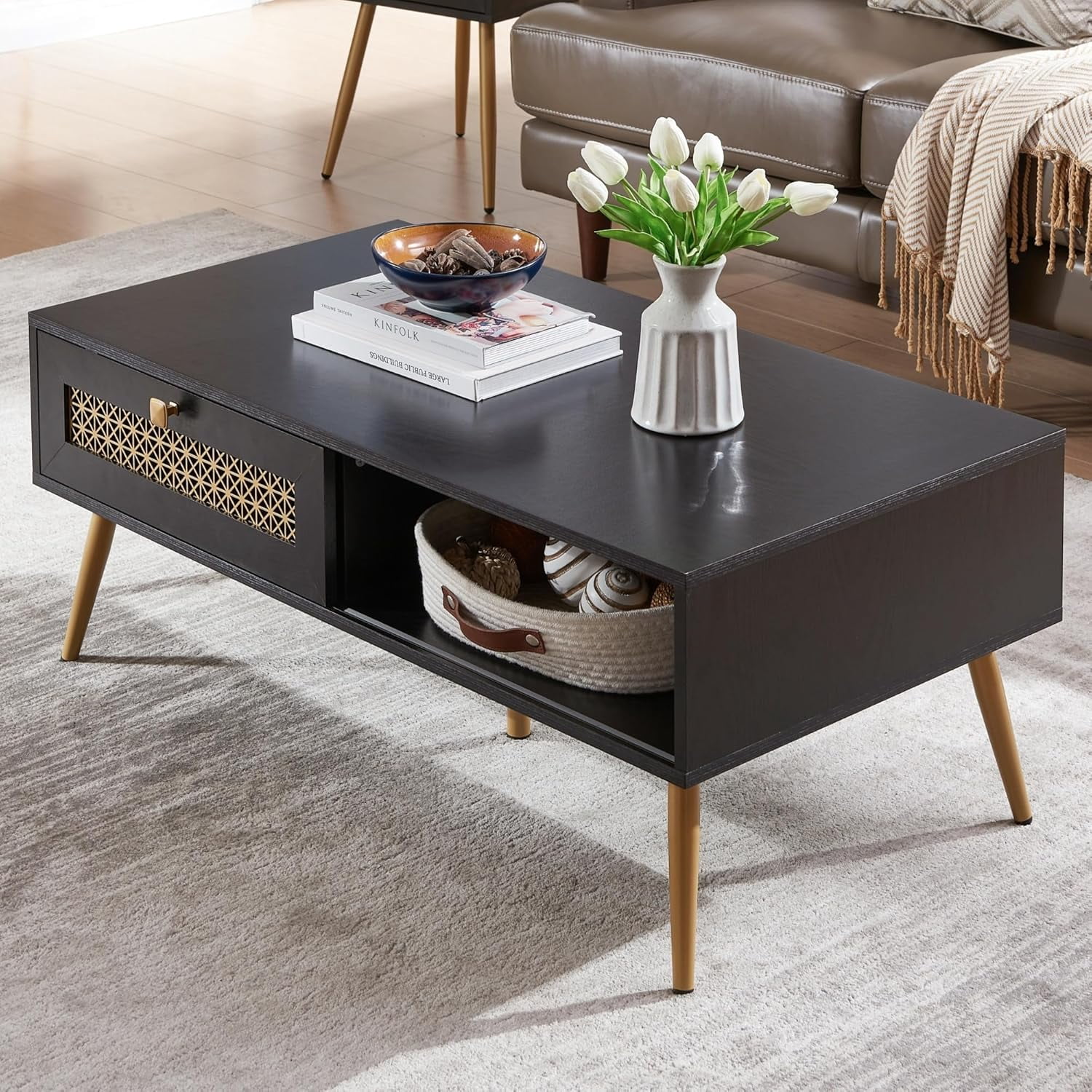 View of Mid Century Modern Coffee Table - Black Wood with Storage Drawers ...