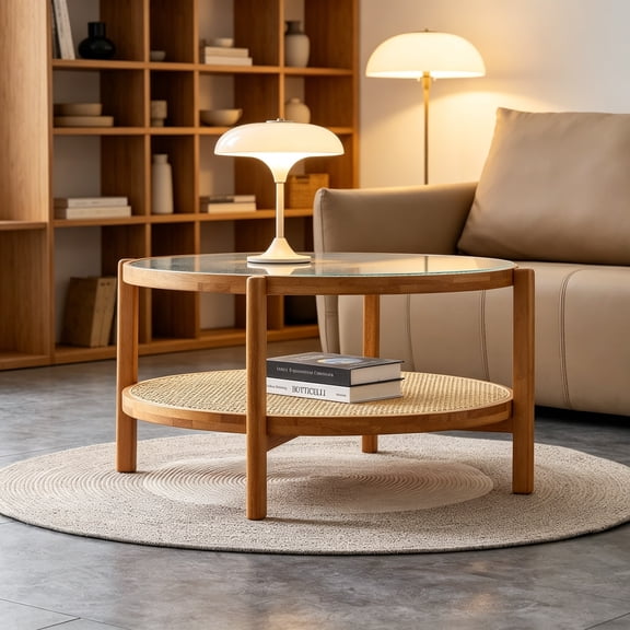 Mid Century Modern Coffee Table with Glass Top and PE Rattan Storage Shelf, 2-Tier 35 Inch Solid Wood Round Boho Coffee Table, Unique Center Table for Living Room, Apartment, Small Space