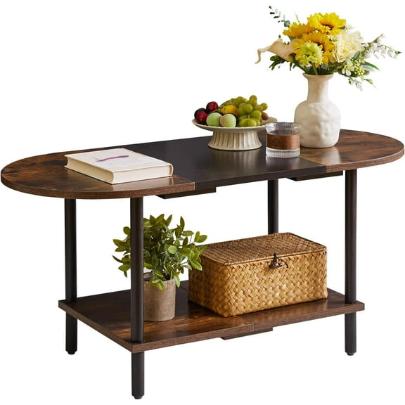 Mid Century Modern Coffee Table, Rustic Coffee Table Unique Color Contrast Design, 2-Tier Center TV Table 35x16x17in Rustic Brown + Black