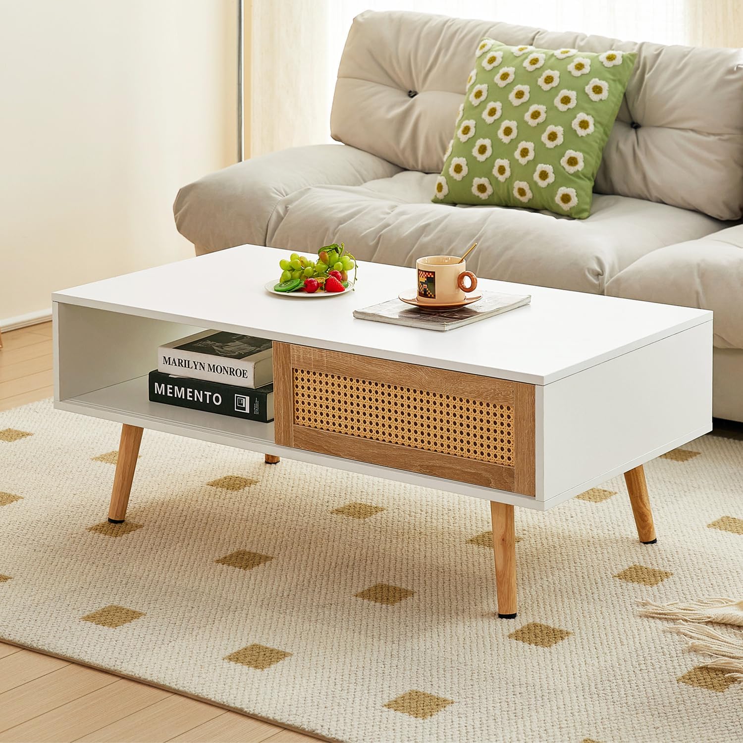 Mid Century Modern Coffee Table with Storage, 41.3 Inch Rectangle ...