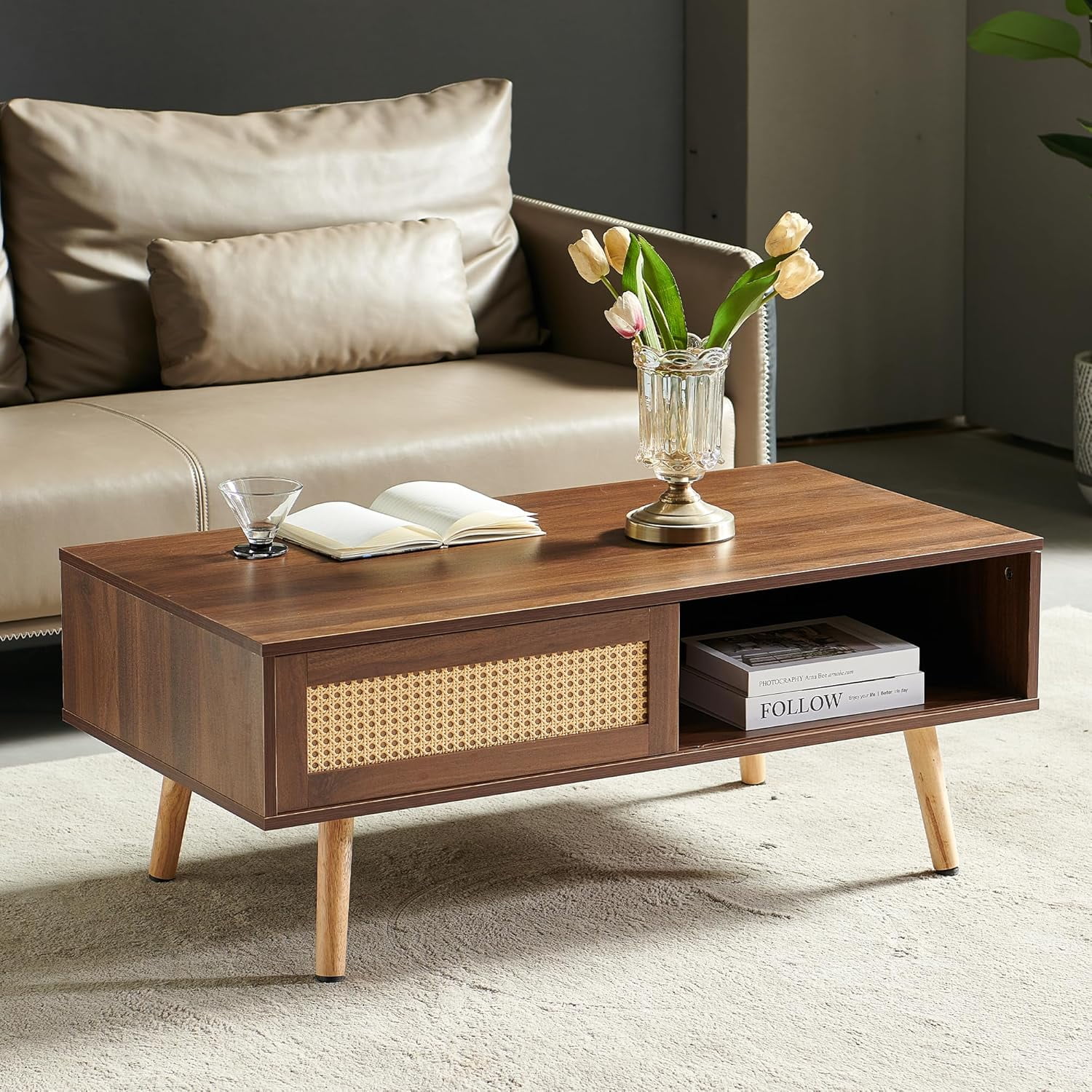 Mid Century Modern Coffee Table with Storage, 41.3 Inch Rectangle ...