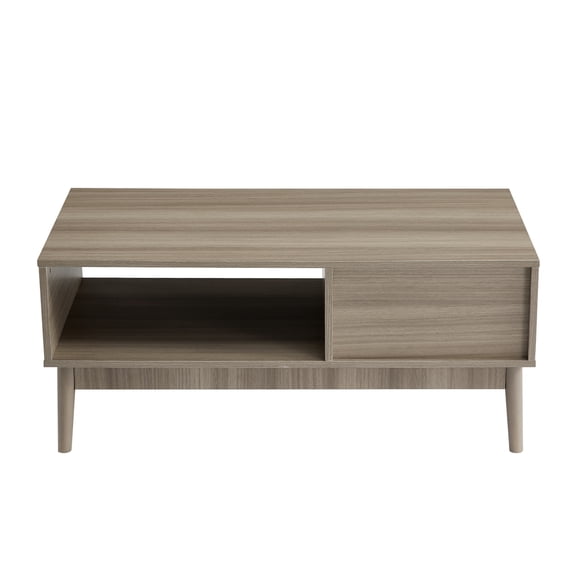 Mid Century Modern Coffee Table with Storage, Rustic Fluted MDF Wood Grain Finish Living Room Table, Open Shelf & Drawer Storage Center Table, for Space-Saving Living Room Furniture