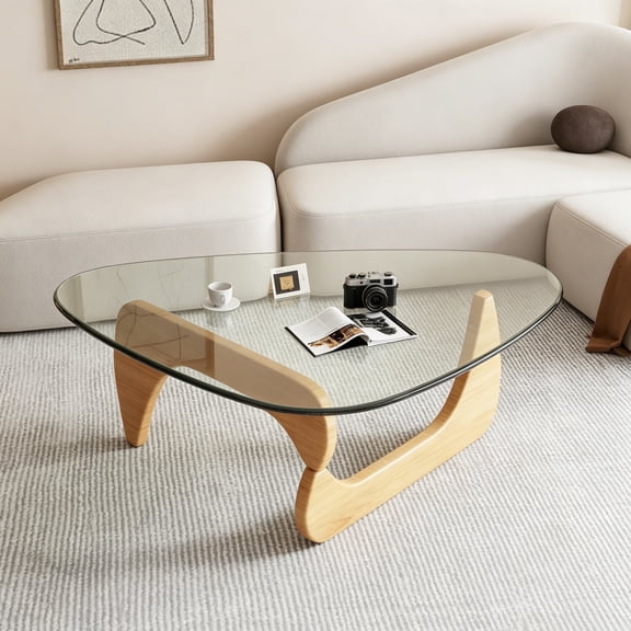 Mid-Century Modern Coffee Table, Triangle Glass Top Natural Wood Base Triangle Coffee Table for Living Room, Patio, Office, Abstract End Table, Raw Wood/Transparent, Large, 45" x 32.3" x 15.7"