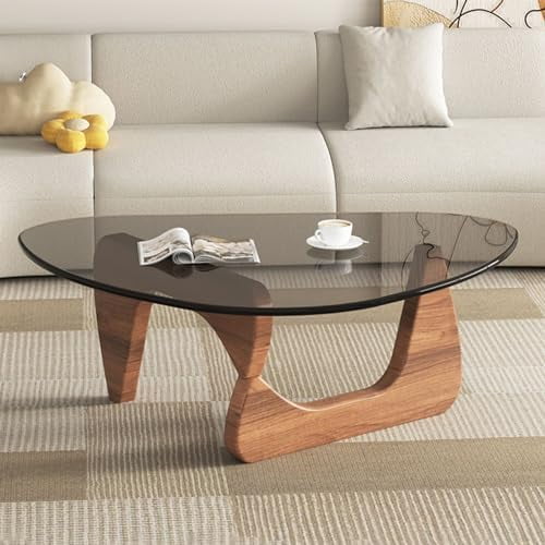 Mid-Century Modern Coffee Table - Triangle Glass Top Natural Wood Base Triangle Coffee Table for Living Room Patio Office Abstract End Tables (Walnut/Grey, Medium 35.8 * 25.5 * 16in)$$Furniture