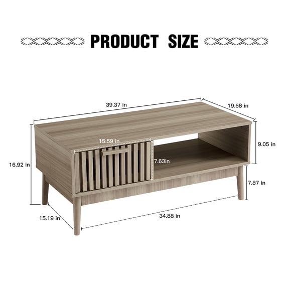 Mid Century Modern Coffee Table with Drawer - 2-Tier Fluted Design, Open Shelf, Natural Wood Grain