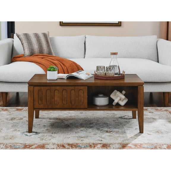 Mid Century Modern Coffee Table with Storage Sliding Door & Solid Wood Leg, Fluted Coffee Table Tea Table for Living Room Center, 39.4" Walnut
