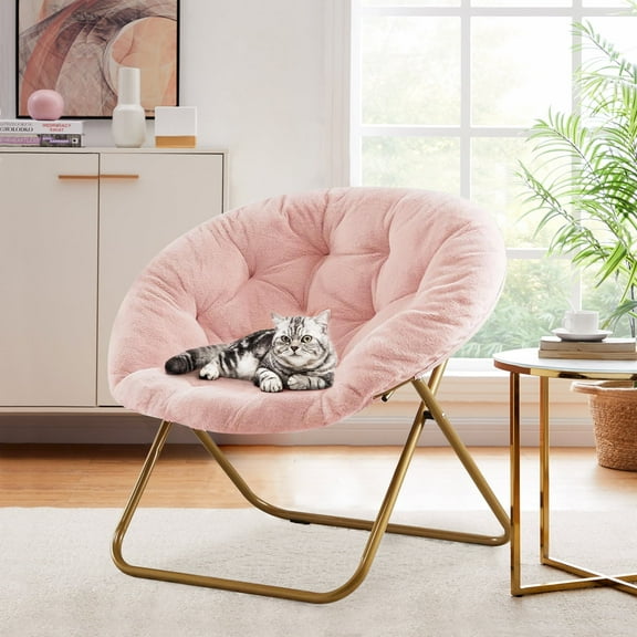 Beddle Saucer Chair for Adults Faux Fur Folding Bedroom Chairs,Pink