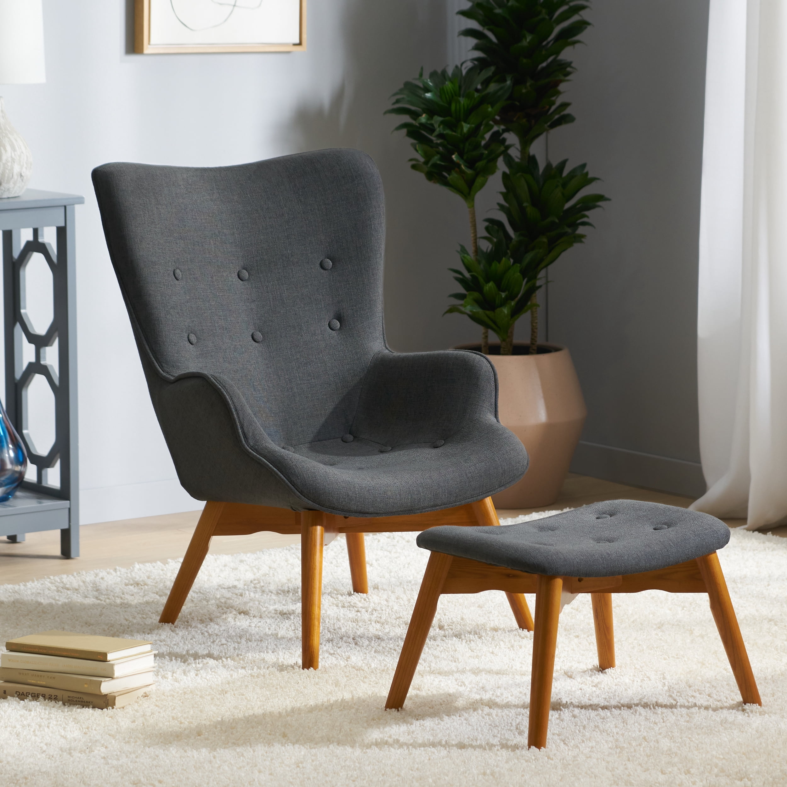 Mid-Century Modern Contour Chair and Ottoman Set with Button-Tufted ...