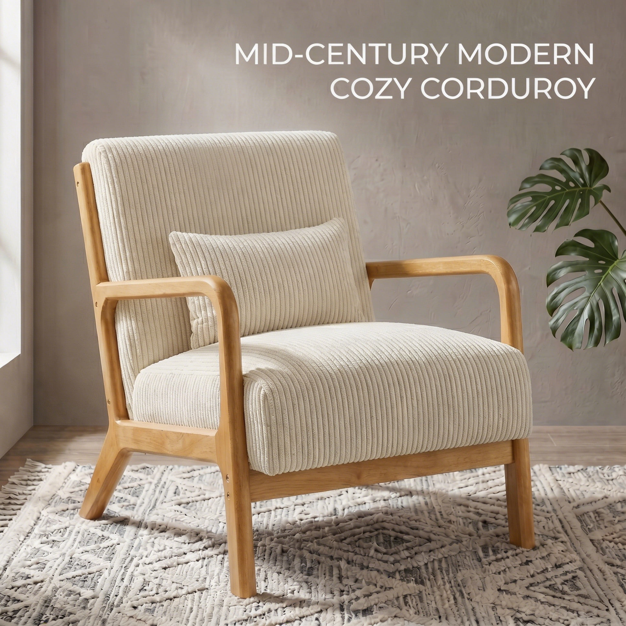 Mid-Century Modern Corduroy Accent Chair with Solid Wood Frame & Lumbar Pillow, Beige