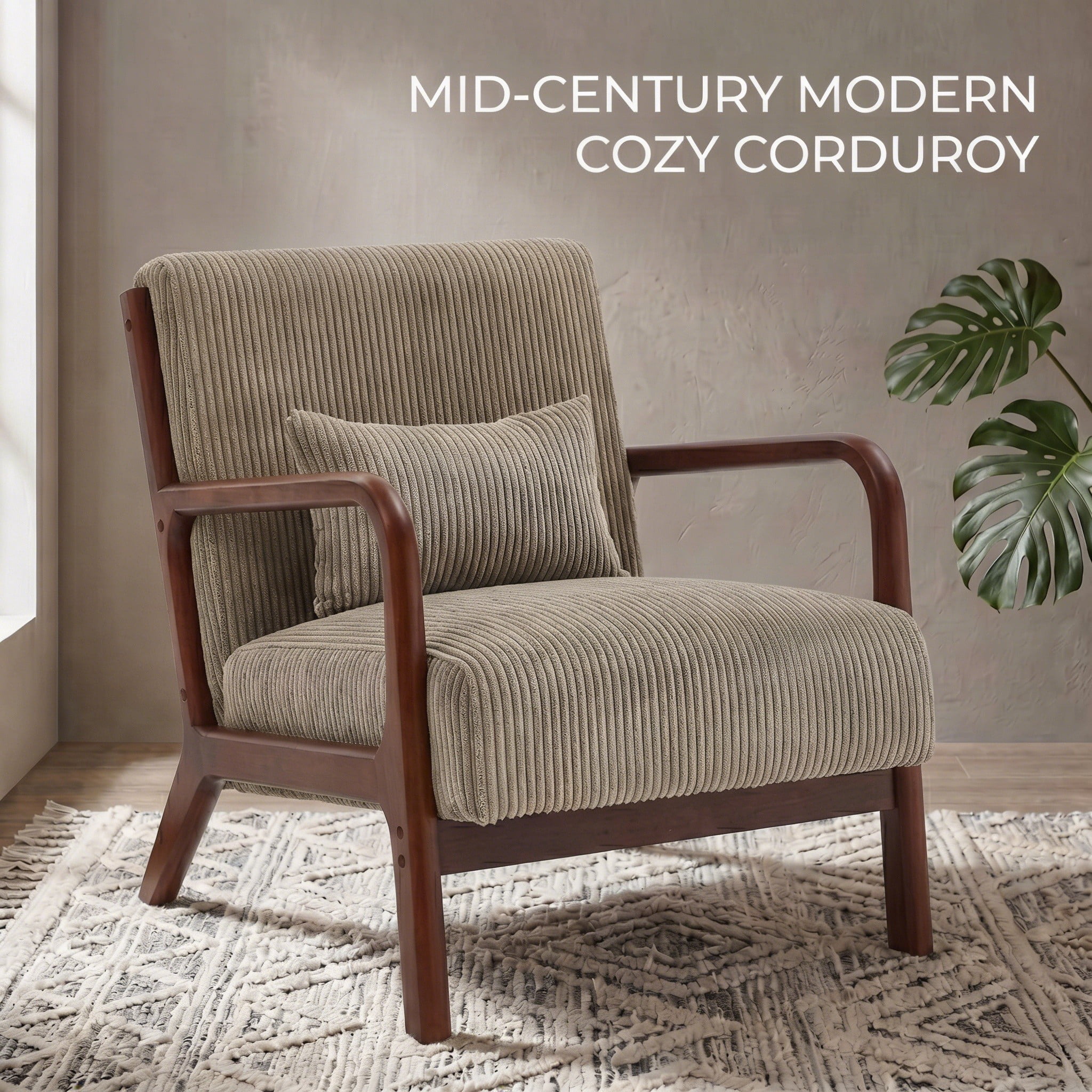 Mid-Century Modern Corduroy Accent Chair with Solid Wood Frame & Lumbar Pillow, Camel